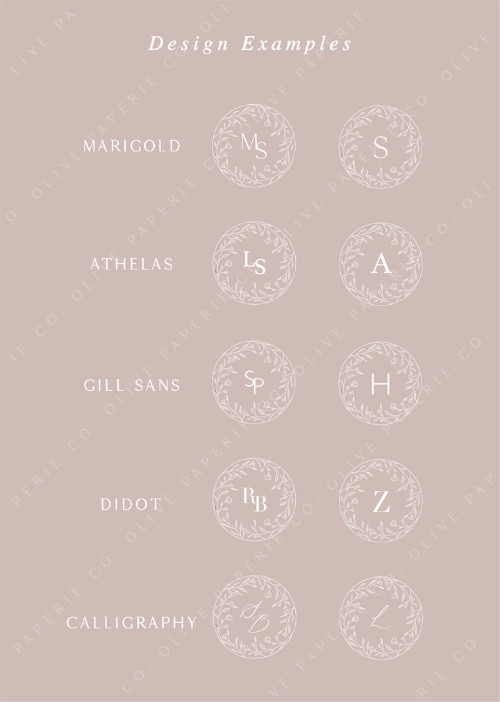 Personalized monogram wax seal stickers design examples featuring custom initials in different fonts
