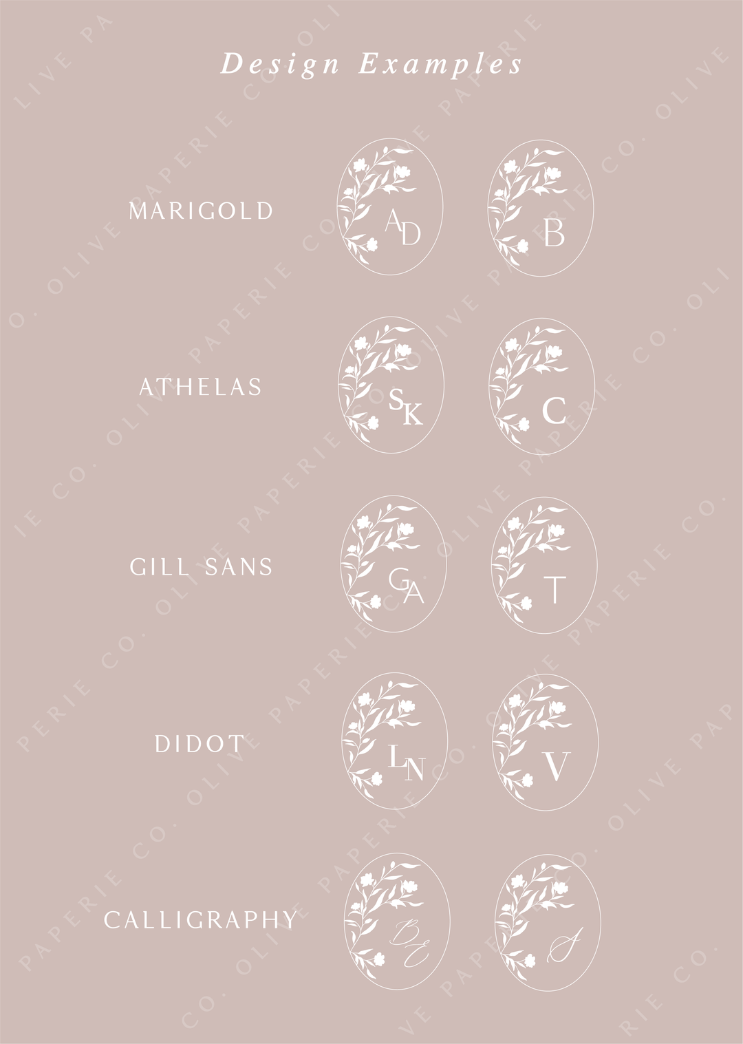 Personalized monogram wax seal stickers design examples featuring custom initials in different fonts