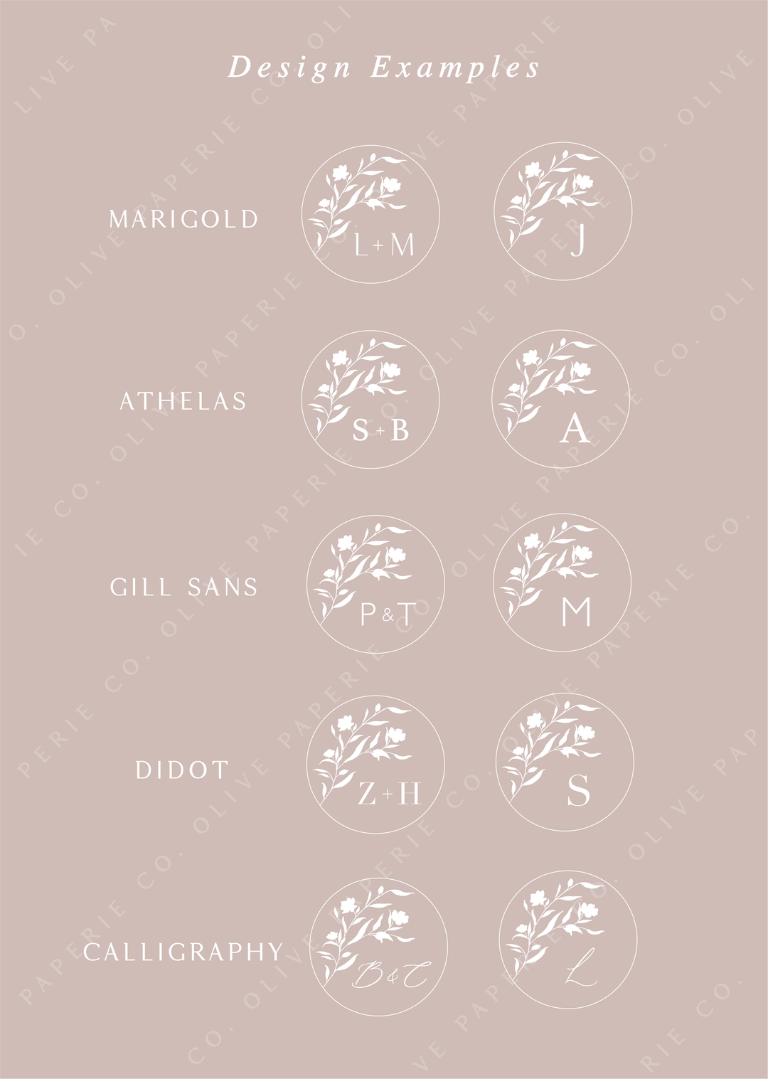 Personalized monogram wax seal stickers design examples featuring custom initials in different fonts