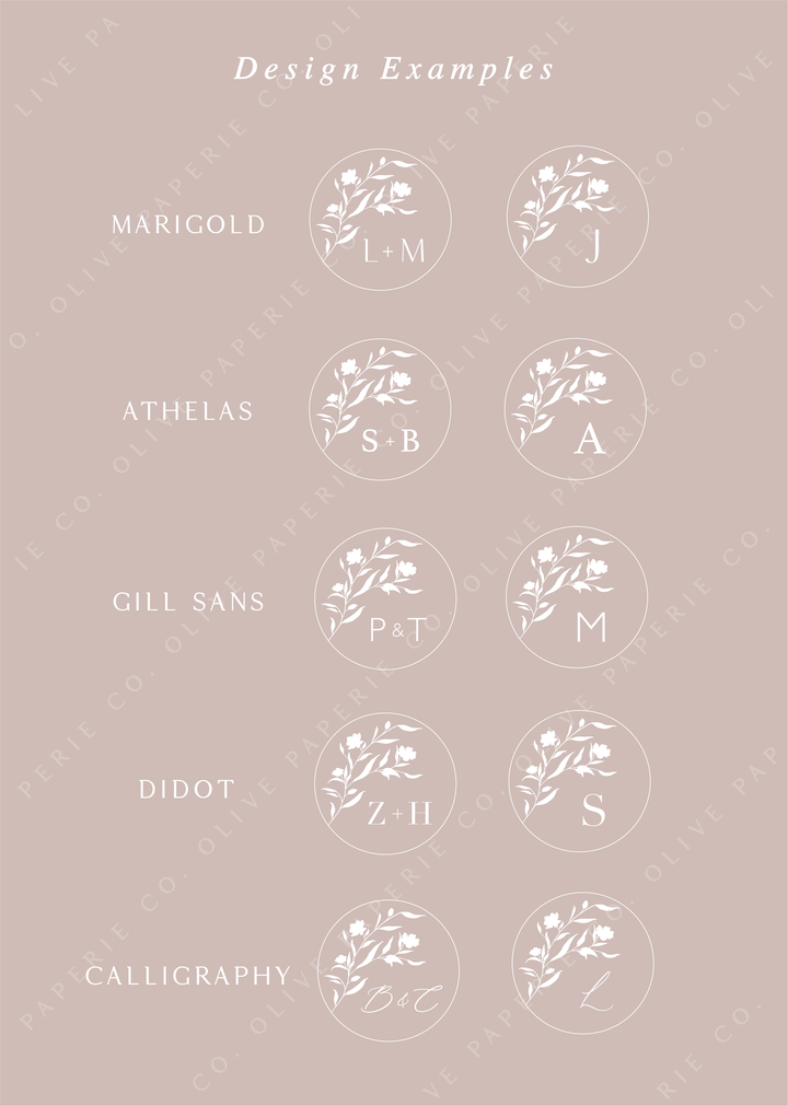 Personalized monogram wax seal stickers design examples featuring custom initials in different fonts