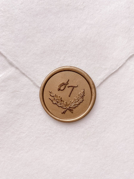 Leaf wreath monogram gold custom wax seal on beige handmade paper envelope