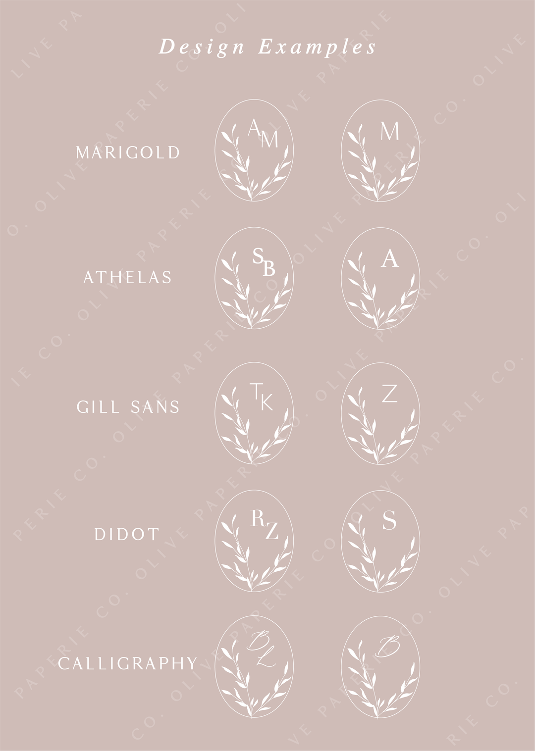 Personalized monogram wax seal stickers design examples featuring custom initials in different fonts