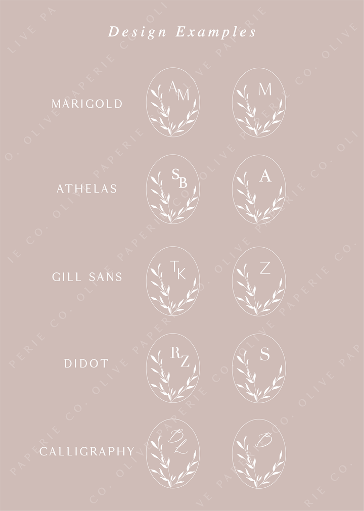 Personalized monogram wax seal stickers design examples featuring custom initials in different fonts