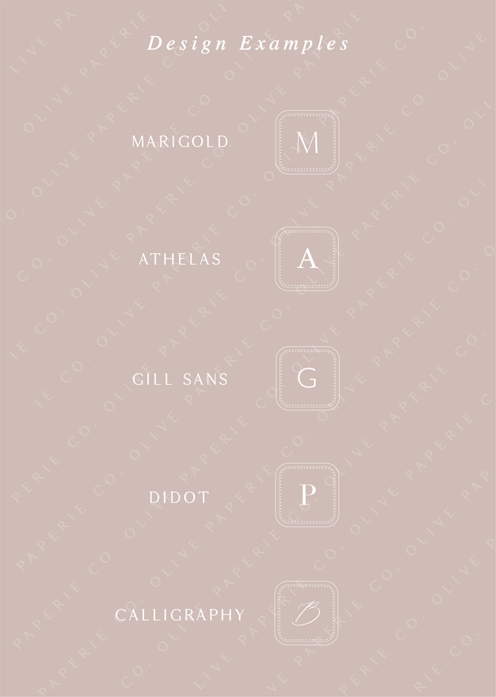 Personalized monogram wax seal stickers design examples featuring custom initials in different fonts