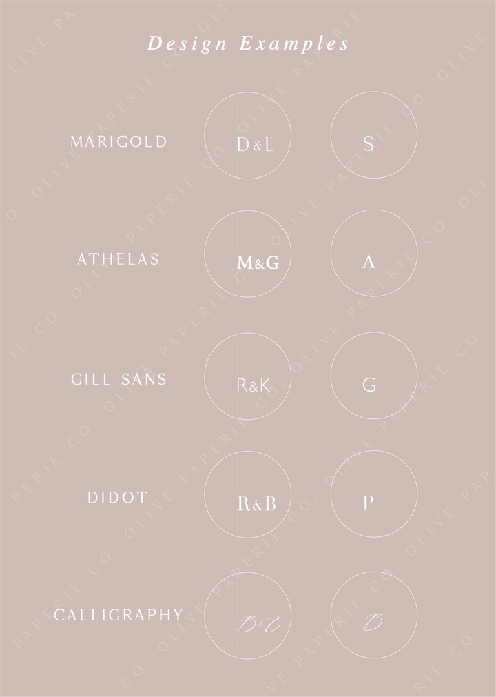 Personalized monogram wax seal stickers design examples featuring custom initials in different fonts