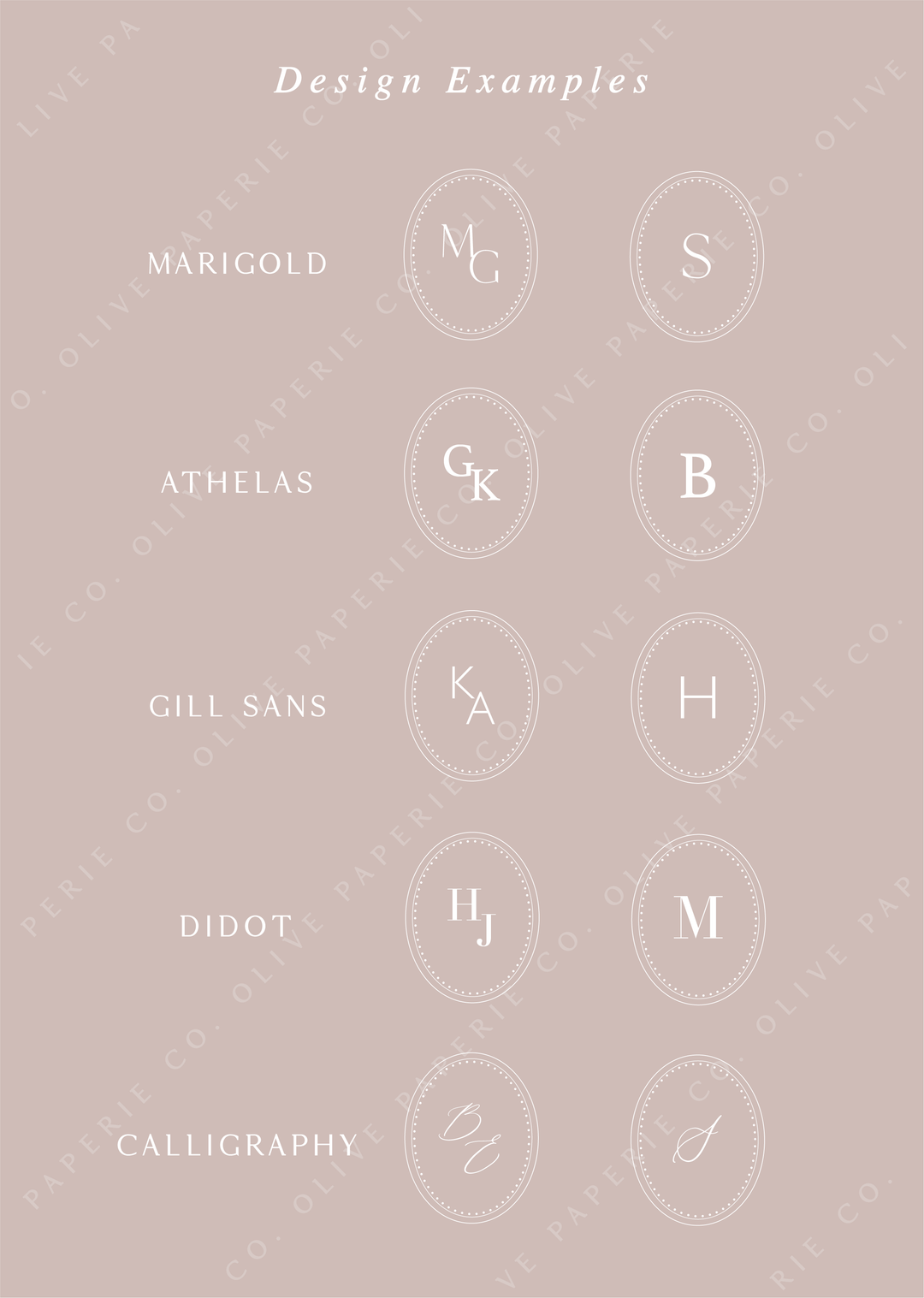 Personalized monogram wax seal stickers design examples featuring custom initials in different fonts