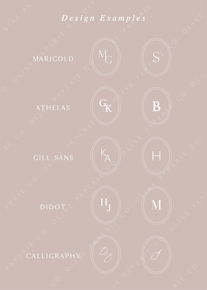 Personalized monogram wax seal stickers design examples featuring custom initials in different fonts