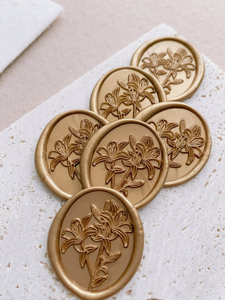 Lily of the valley oval wax seal stickers in yellow gold | Set of 10  Marketplace Wax Seals by undefined