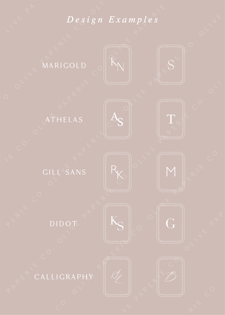 Personalized monogram wax seal stickers design examples featuring custom initials in different fonts