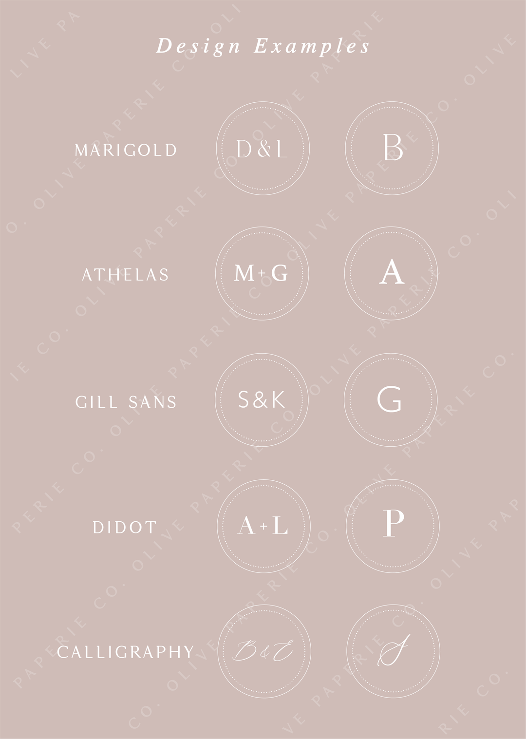 Personalized monogram wax seal stickers design examples featuring custom initials in different fonts