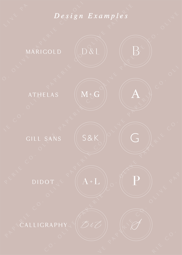 Personalized monogram wax seal stickers design examples featuring custom initials in different fonts