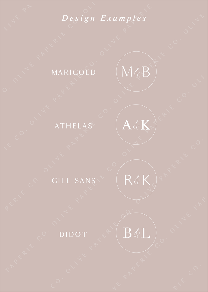 Personalized monogram wax seal stickers design examples featuring custom initials in different fonts