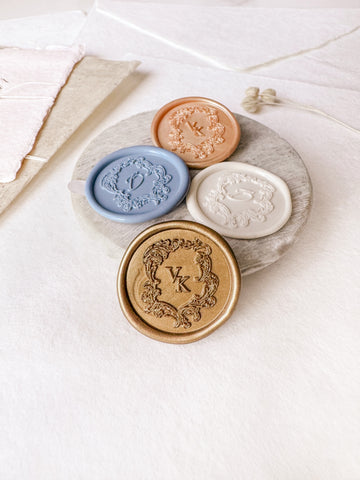vintage Baroque crest design custom initials wax seal stickers in various colors