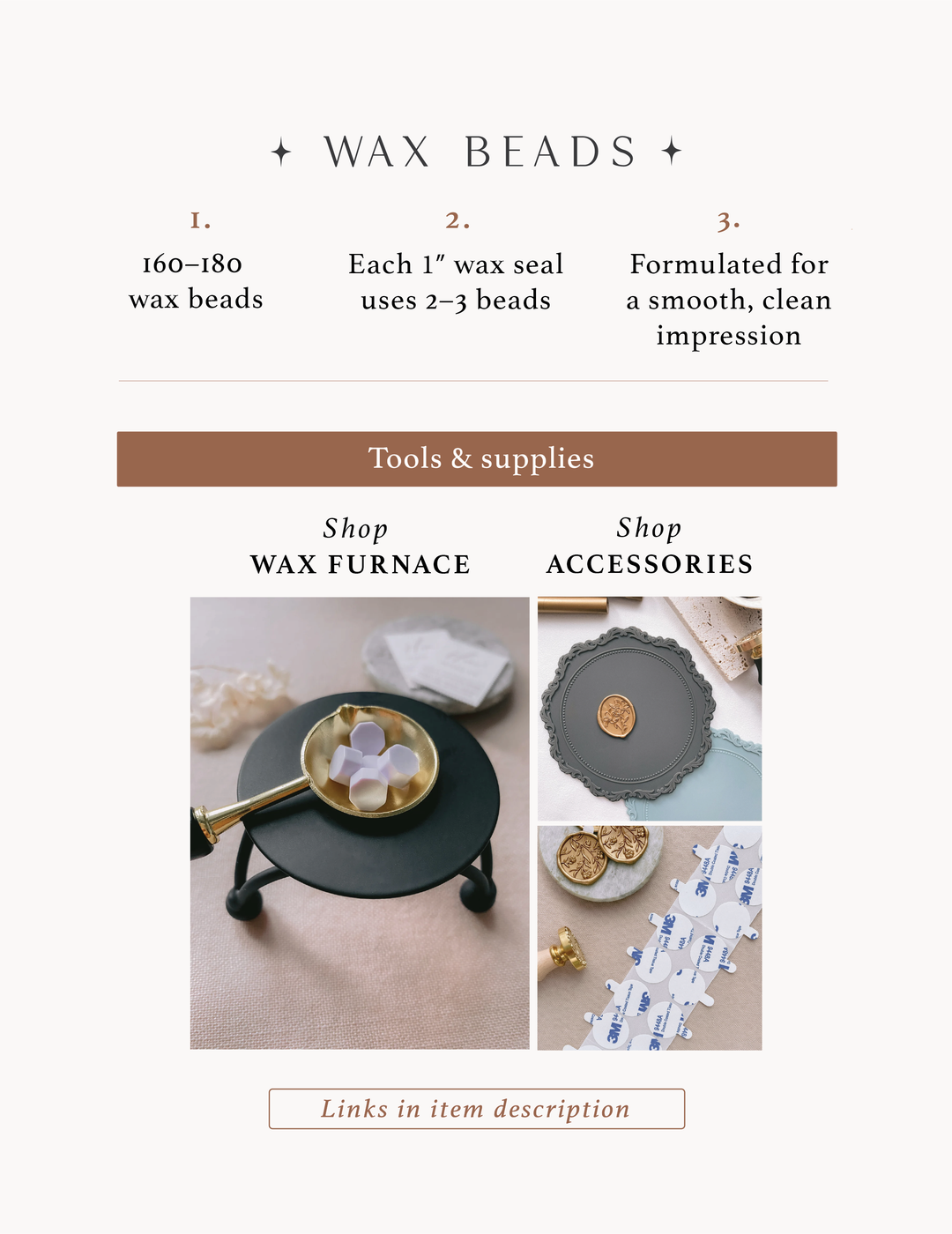 Poster with information about wax beads for wax sealing with images of a wax furnace and wax seal accessories