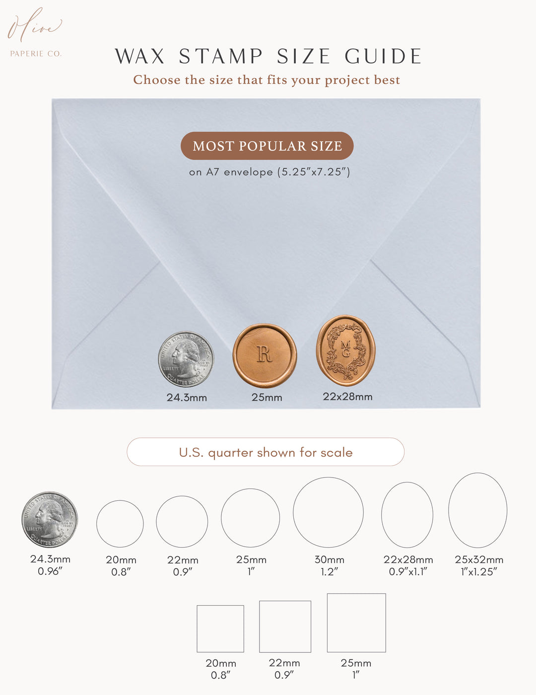 Wax stamp size guide with an A7 envelope and stamps on a white background