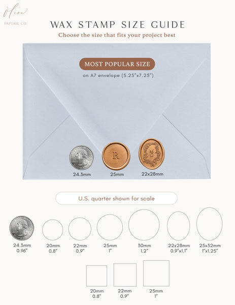 Wax stamp size guide with an A7 envelope and stamps on a white background