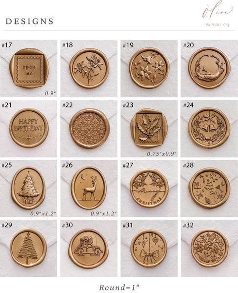 wax seal stamp design options for our wax seal kit including Open Me, Happy Birthday and festive Christmas wax seal designs