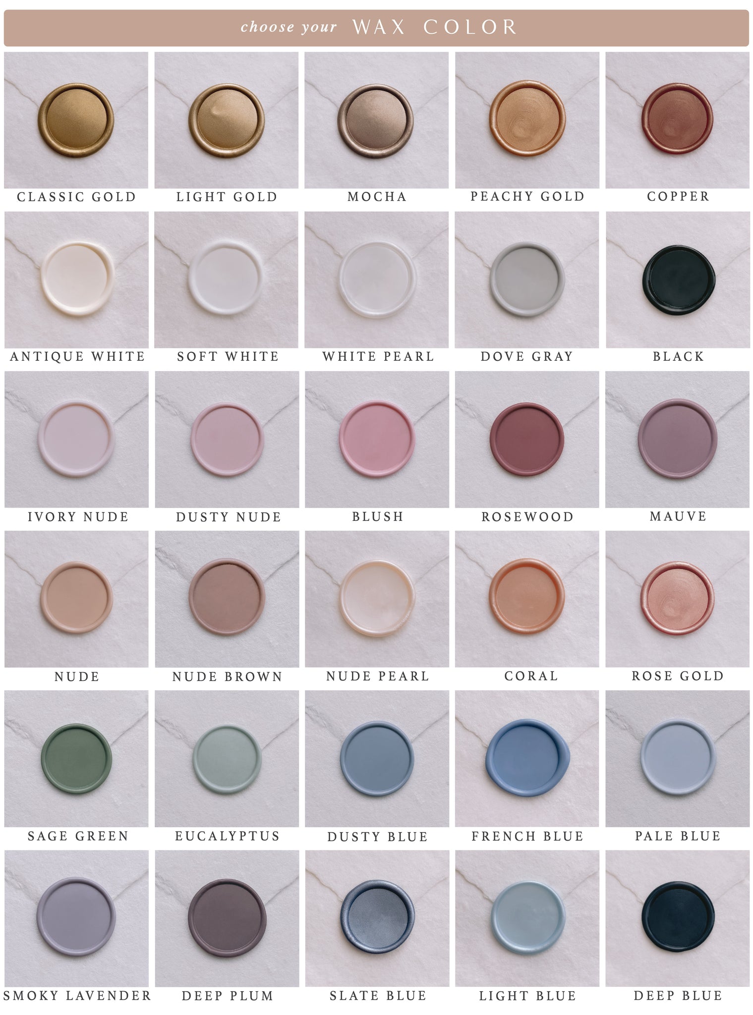 Wax seal color swatch samples in 30 color options
