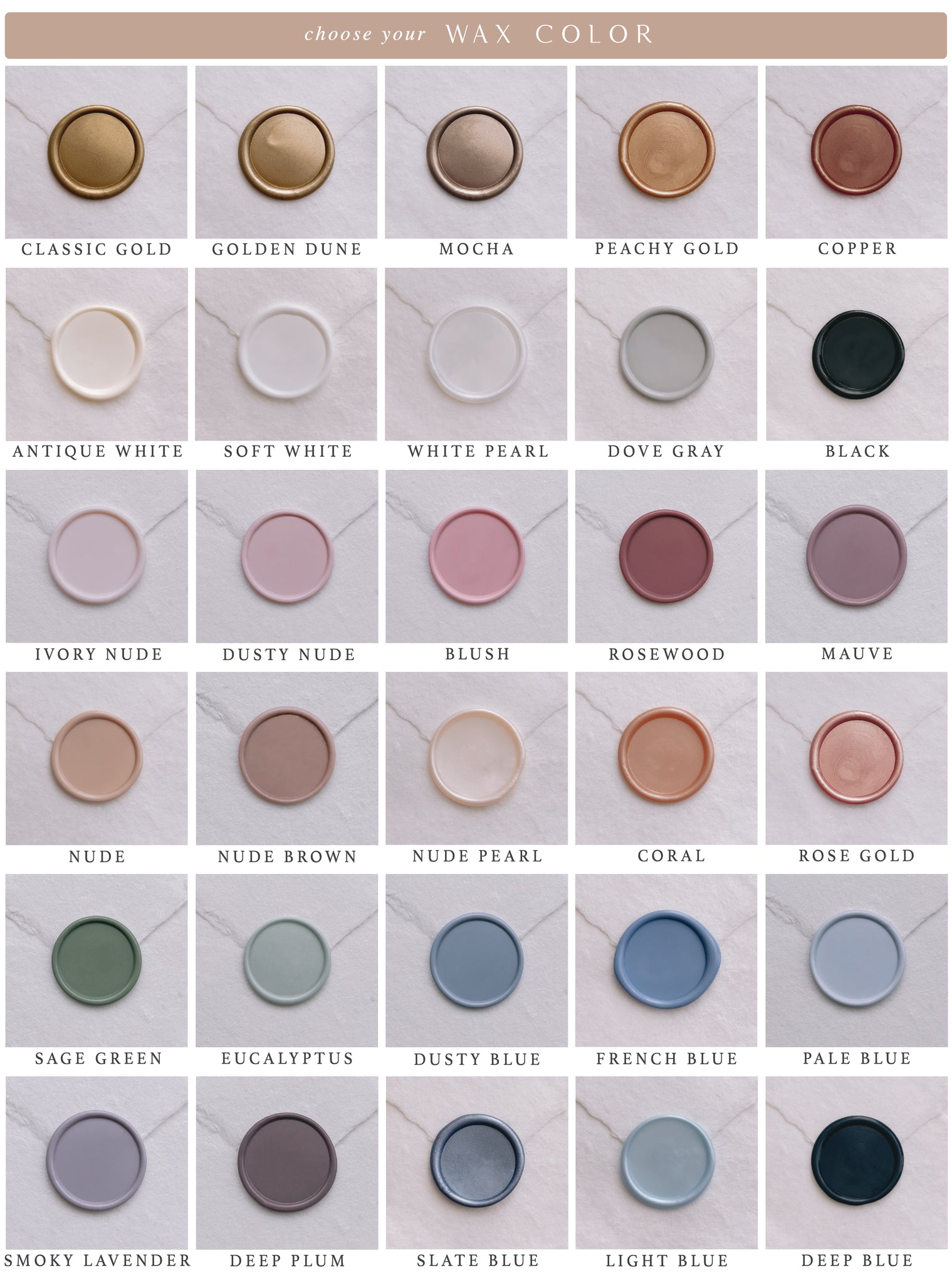 Wax seal color swatch samples in 30 color options