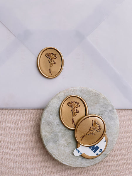 Abstract floral oval wax seals in gold with 3M stickers