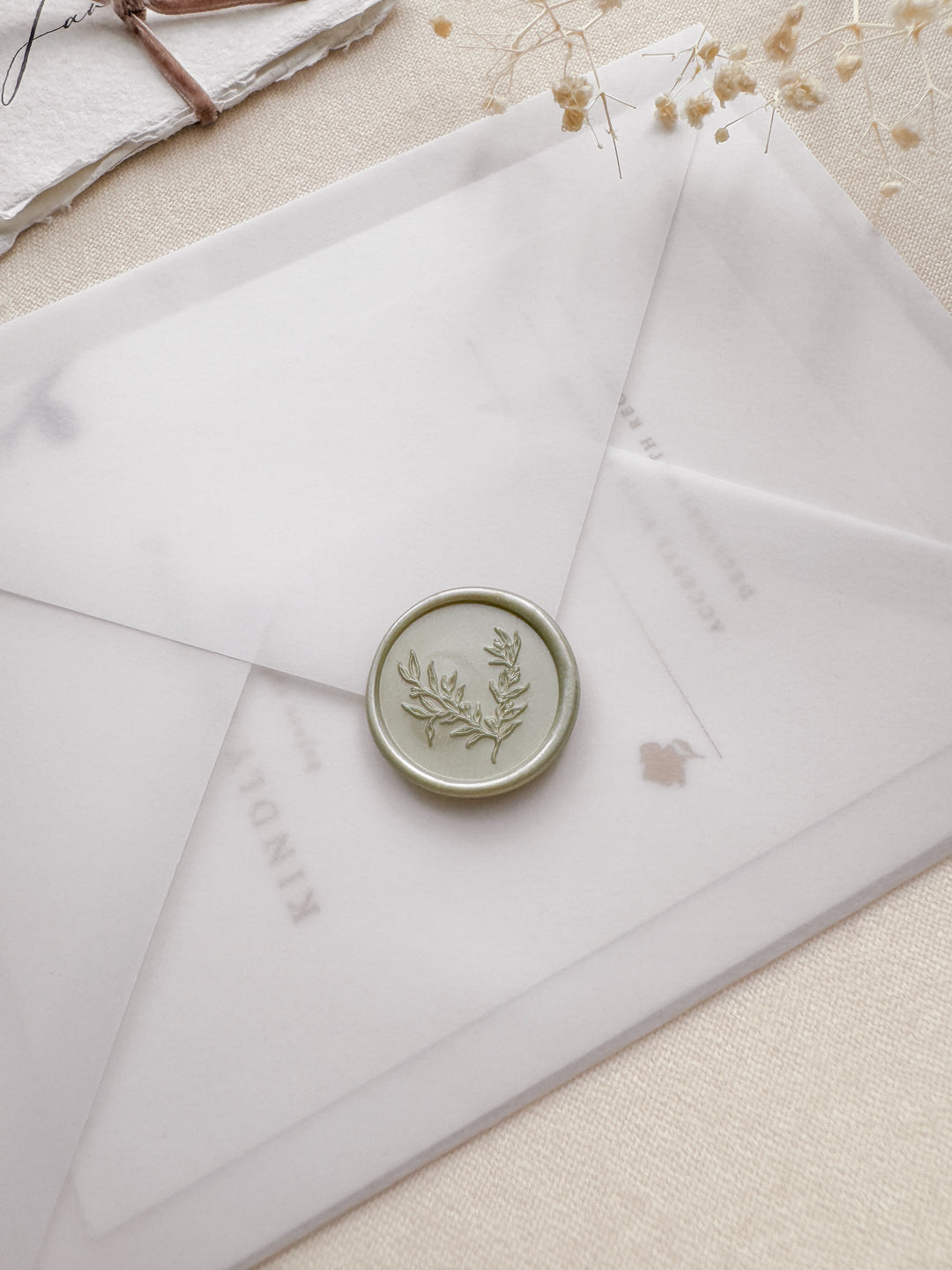 light metallic sage green wax seal featuring a delicate leaf design on a vellum wedding invitation envelope
