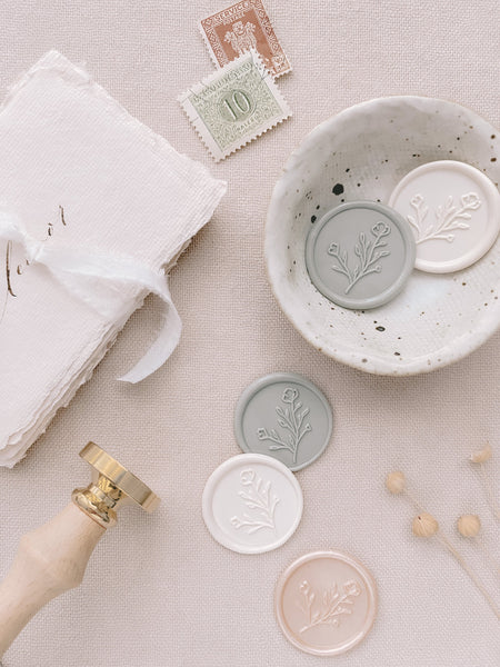 Botanical wax seals in white, pearl and sage green