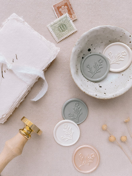 Botanical floral round wax seals in off white, sage green, and nude pearl