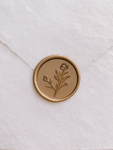 Botanical floral round wax seal in gold on handmade paper envelope_front angle