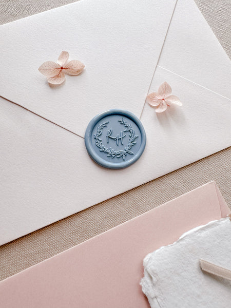 Dusty blue botanical wreath monogram wax seal