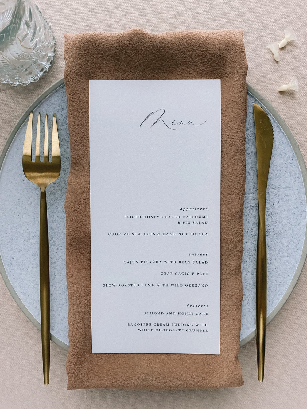 Card stock menu on plate table setting full view_front angle in design 3