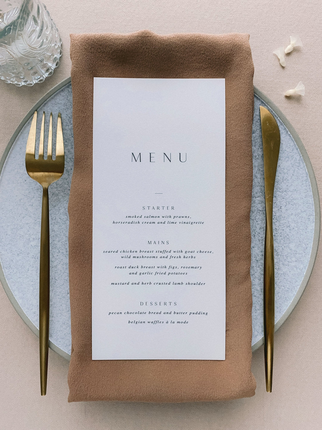 Card stock menu on plate table setting full view_front angle in design 4
