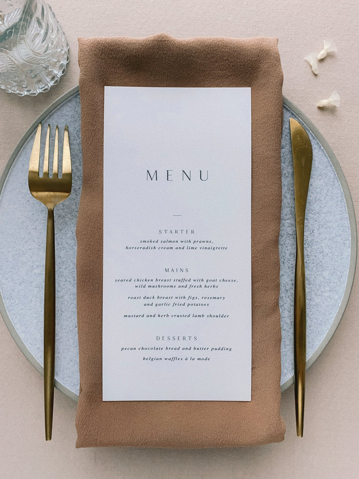 Card stock menu on plate table setting full view_front angle in design 4
