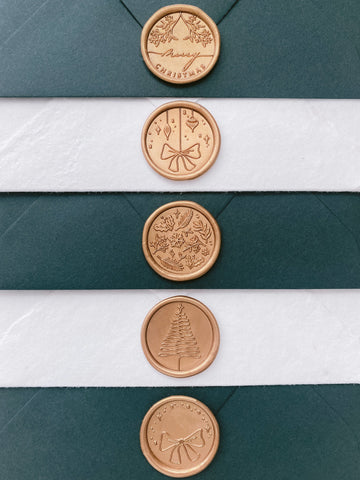 Gold Christmas wax seals in 5 designs, Merry Christmas, Christmas ornaments, winter garden, Christmas tree and Ribbon bow on Christmas hue envelopes