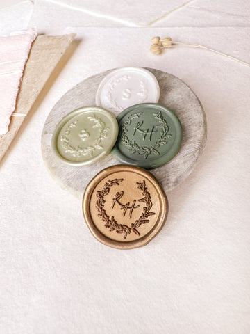 botanical wreath personalized initials wax seal stickers in various colors