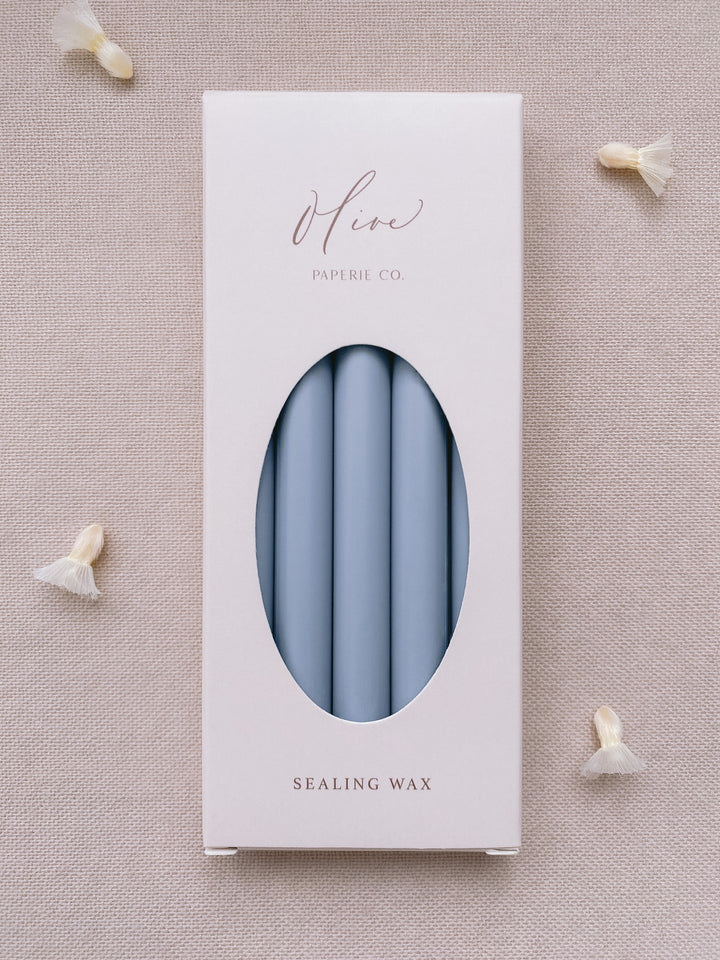 a box of 5 glue gun sealing wax sticks in dusty blue