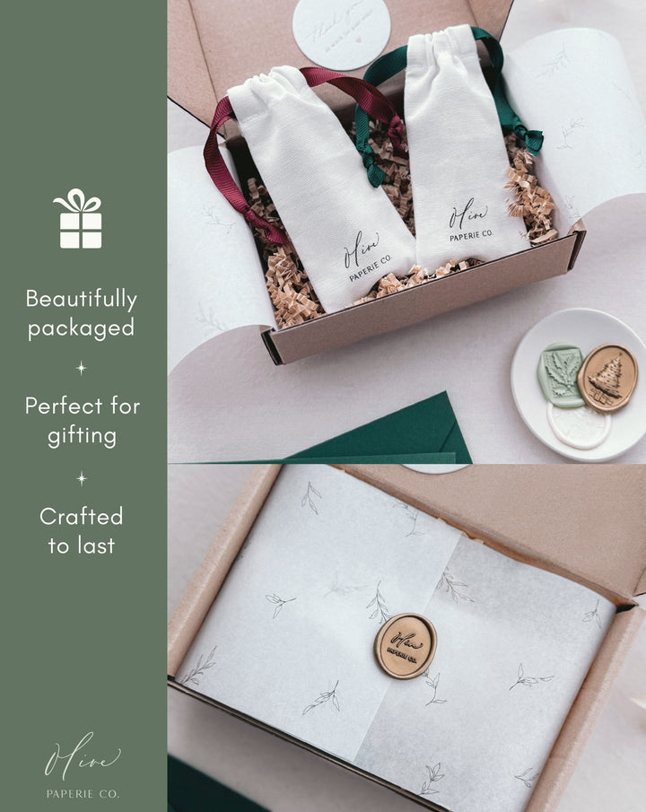 Poster image of photos of our Christmas wax seal stamp gift package and text on product attributes