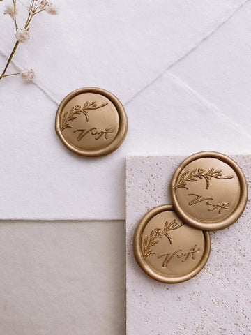 Floral blranch monogram wax seals in light gold
