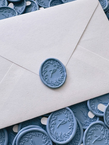 dusty blue floral wreath custom monogram oval wax seal stickers