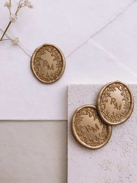 Oval floral crown monogram custom wax seals in gold