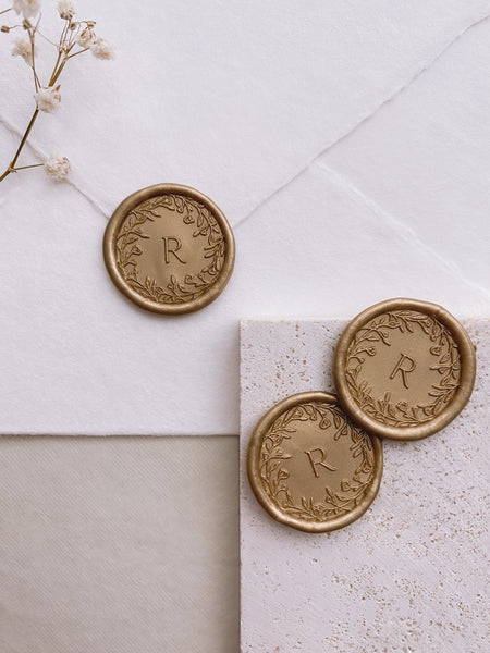 floral crown singal initial wax seals in light gold