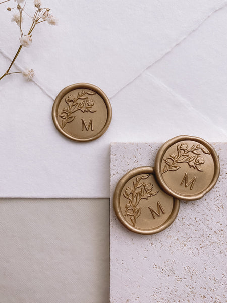 Floral crown monogram single initial custom wax seals in light gold
