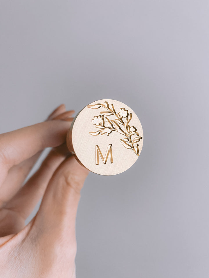 Floral silhouette single initial wax seal brass head stamp