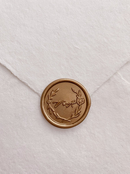 Floral leaf wreath monogram gold wax seal  on handmade paper envelope