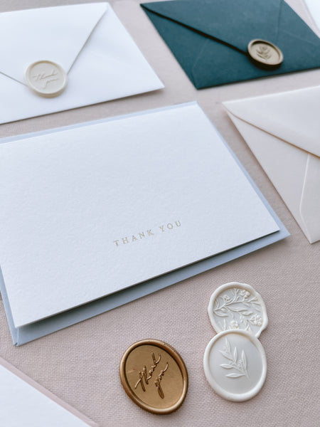 white gold foil thank you card with wax seals and envelopes 