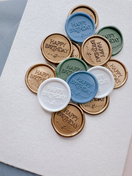 Happy Birthday wax seals in color sage green, French blue, white and gold