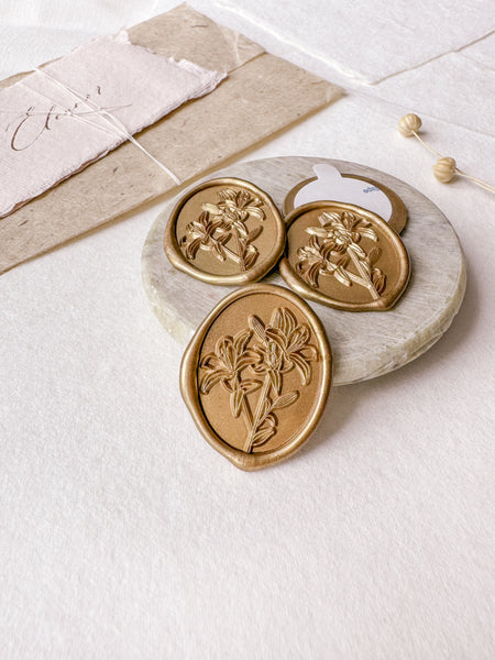 Gold oval lilies floral wax seal stickers with adhesive backings