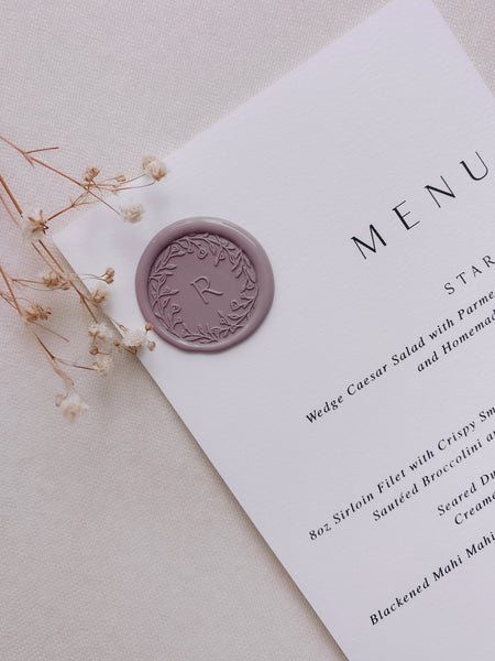 floral personalized initial wax seal in mauve on menu_side angle