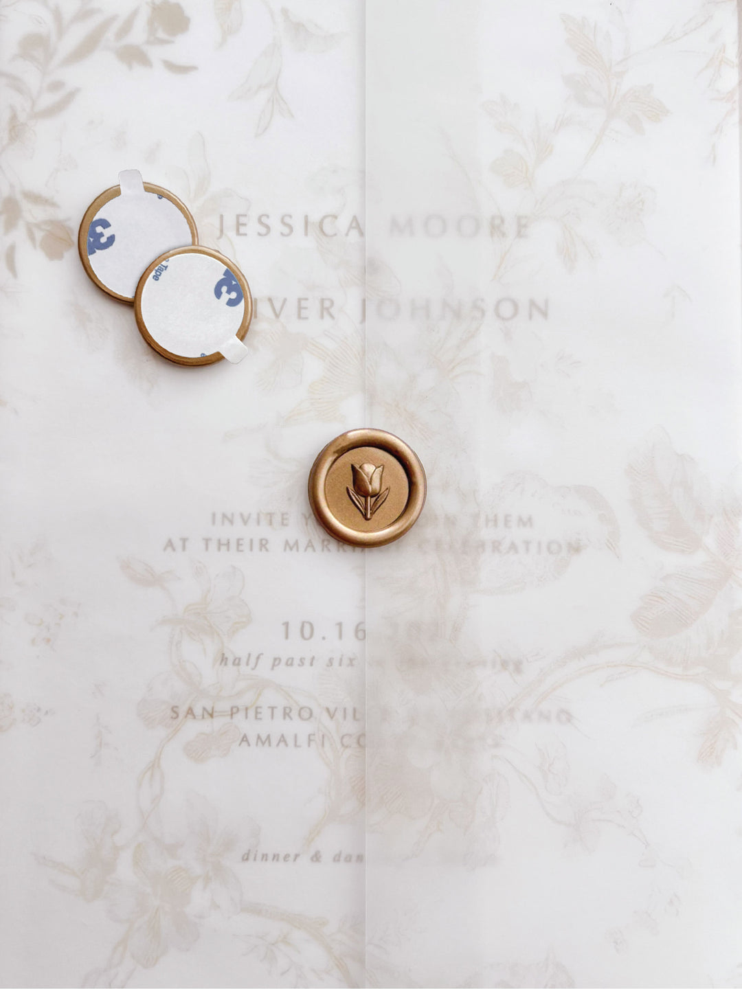 3D mini flower emoji wax seal stickers with self-adhesive backings on a beige floral vellum jacket