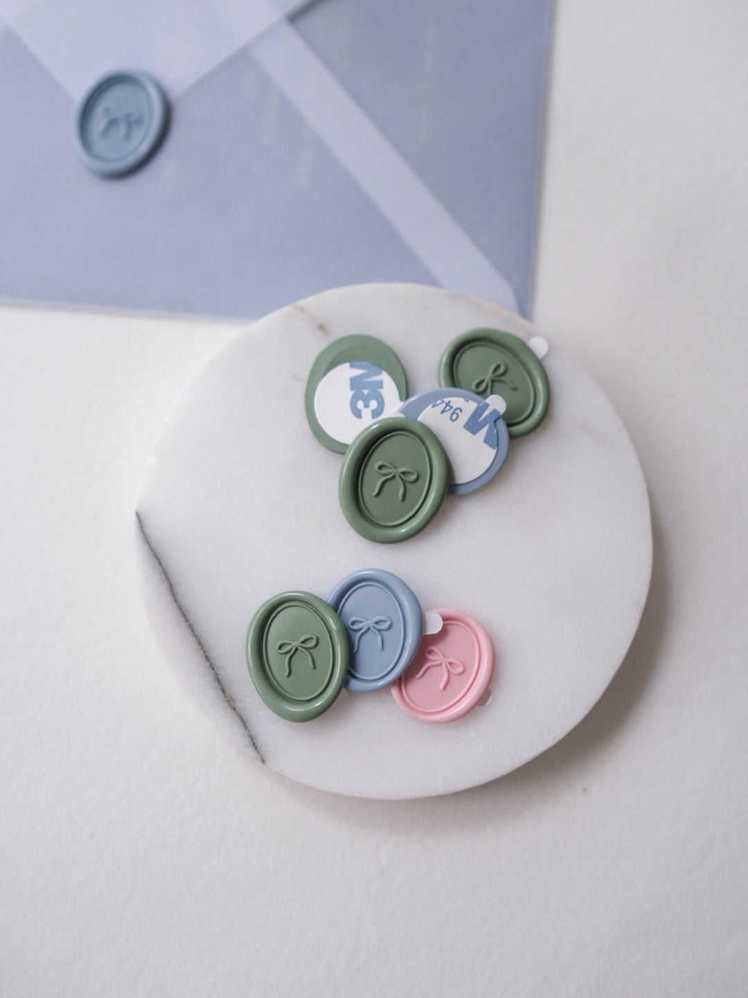 pink, sage green and dusty blue mini ribbon bow oval wax seals 