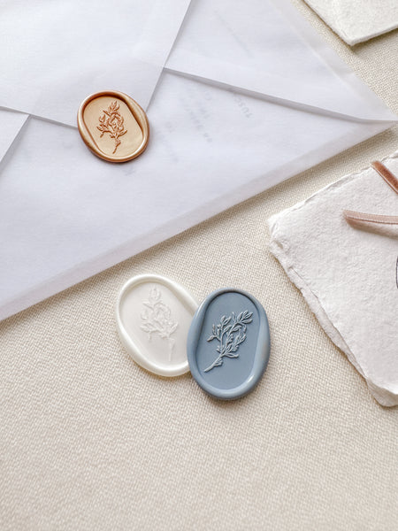 Oval arch shaped leaf branchl wax seals in color peachy gold, white pearl and dusty blue